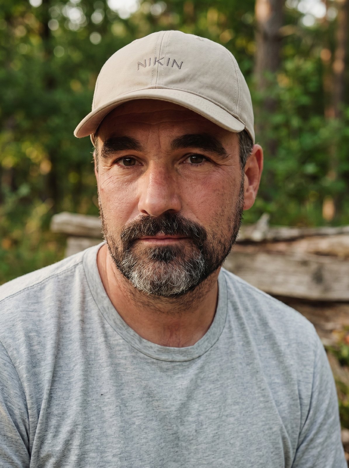 NIKIN Cap beige — Mann im Wald, Porträt