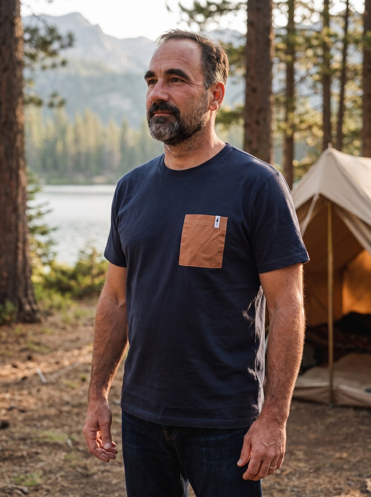 NIKIN Pocket-Shirt navy mit Kontrasttasche — Mann am Bergsee vor dem Zelt